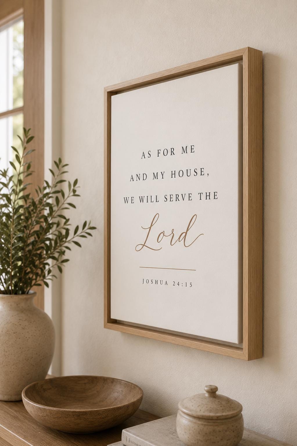 A framed wall art print with the Bible verse 'AS FOR ME AND MY HOUSE, WE WILL SERVE THE Lord' and 'JOSHUA 24:15' in black and gold lettering on a white background, shown hanging on a beige wall in a styled home interior with a plant, bowls, and a jar.