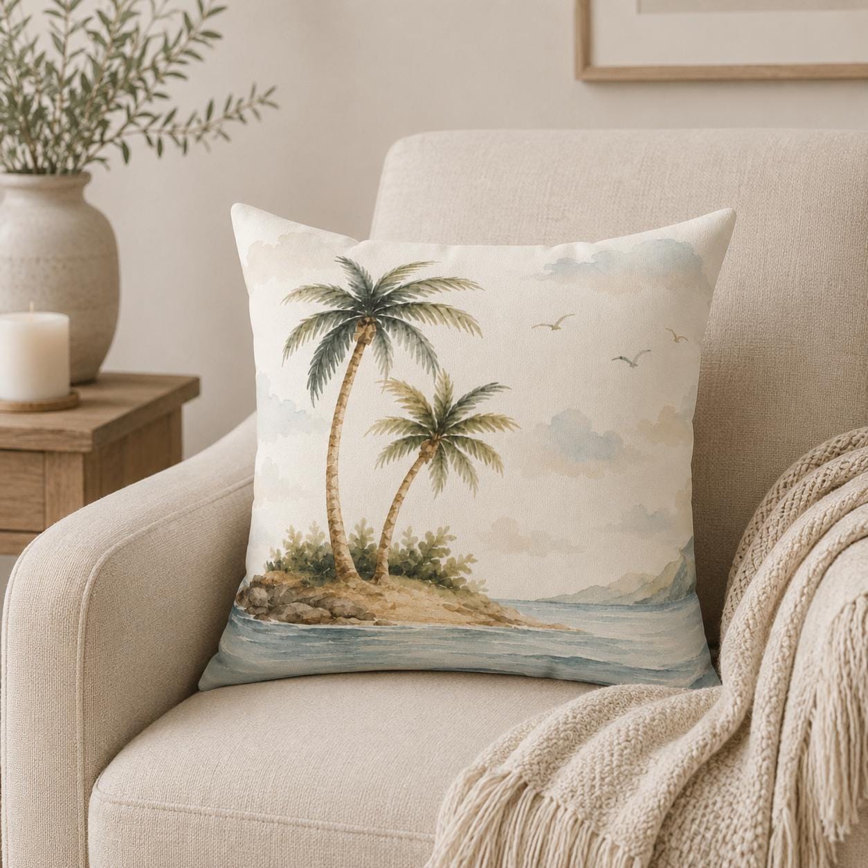 A square throw pillow with a tropical beach print featuring two palm trees on a small island, resting on a beige armchair with a knitted cream throw blanket.