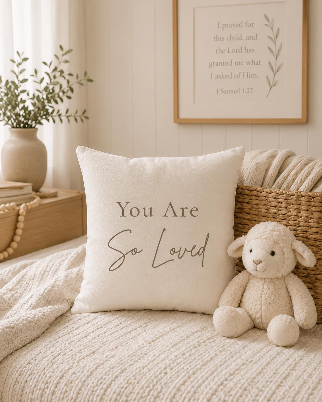 A square cream throw pillow with the words 'You Are So Loved' printed in dark gray lettering, styled on a cozy cream knit bed next to a plush cream stuffed sheep and a wicker basket, with a framed scripture print in the background.