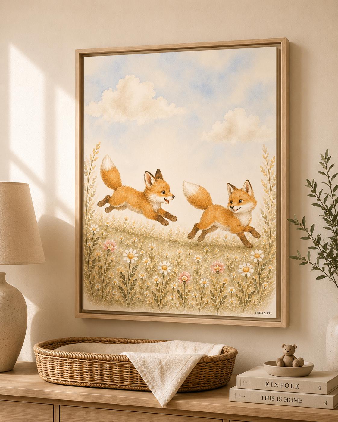 Running Baby Foxes Woodland Framed Canvas