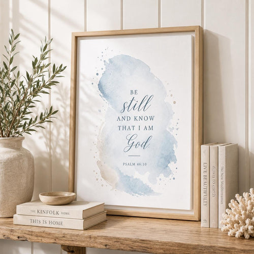 A framed wall art print leaning on a wooden shelf in a styled interior. The print features a soft blue watercolor wash with the text 'BE still AND KNOW THAT I AM God' and 'PSALM 46:10' in dark blue script.