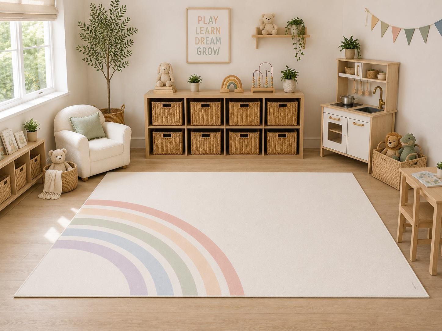 A large cream-colored area rug with a pastel rainbow design in shades of pink, blue, green, and yellow, styled in a bright, modern children's playroom.