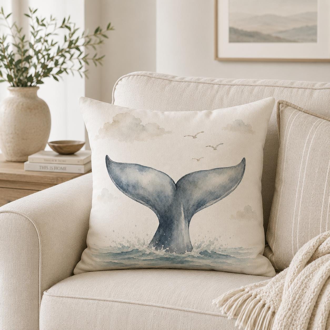 A square throw pillow with a watercolor whale tail design in blue-gray tones, resting on a light beige sofa in a styled living room setting.