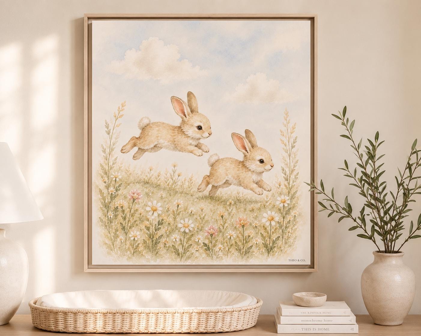 Playful Bunnies Woodland Floral Framed Canvas