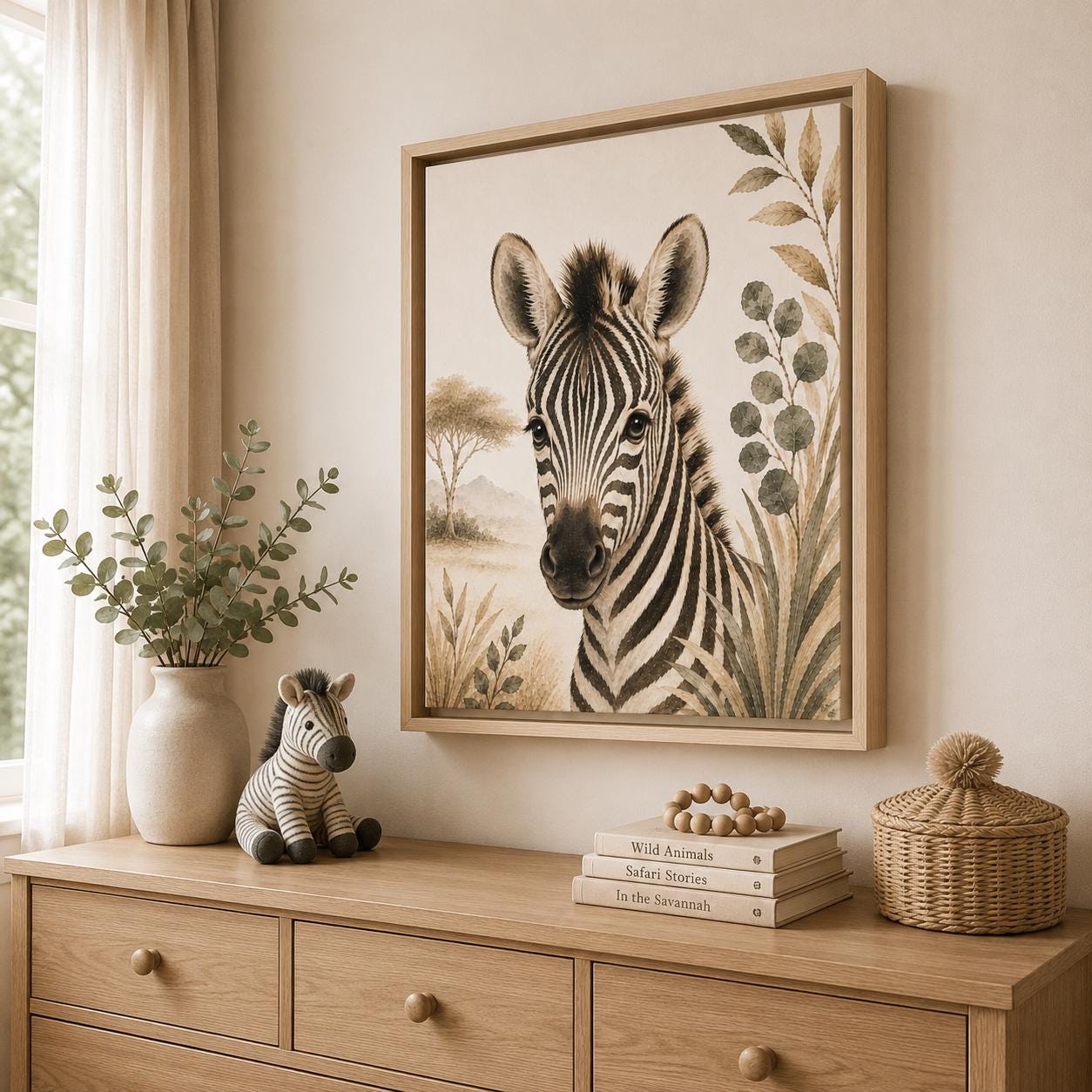 A framed art print of a zebra with Safari botanical details hangs on a beige wall above a wooden dresser in a styled room setting.