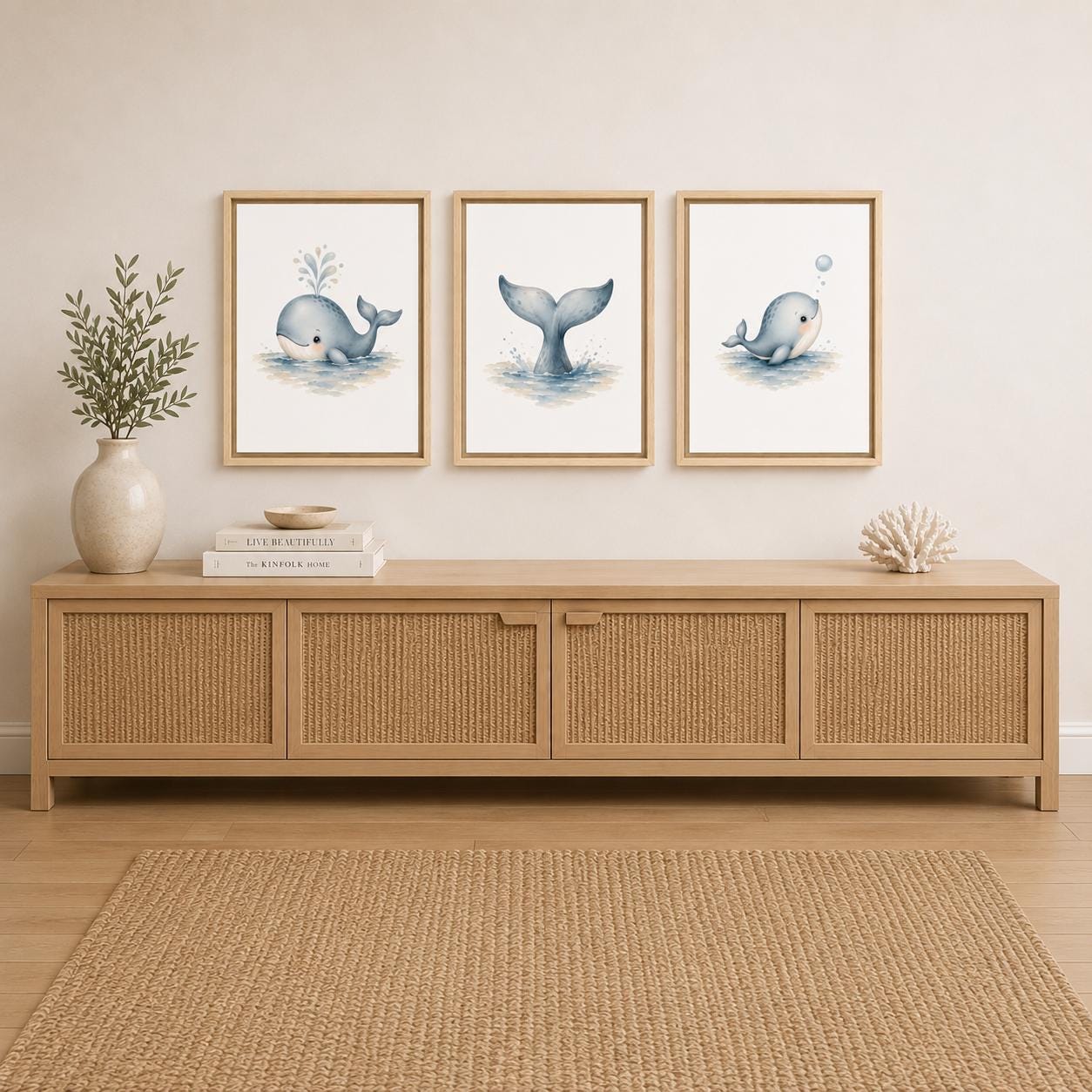 Three framed whale art prints in light wood frames hang above a light wood sideboard with woven cabinet panels, styled in a bright, neutral room with a vase of greenery and a woven rug.