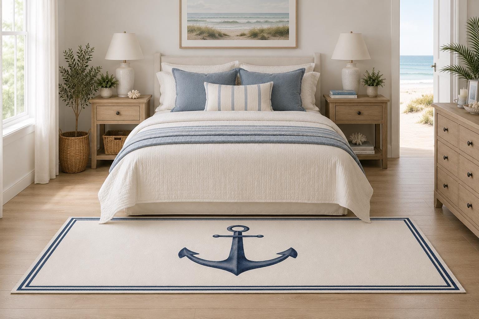 Blue Anchor Area Rug Coastal Nursery Ocean Nautical Bedroom Watercolor Chenille Ivory Multiple Sizes