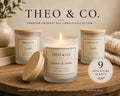 Three Theo & Co. coconut soy candles in frosted glass jars with wooden lids are arranged on a wooden surface.