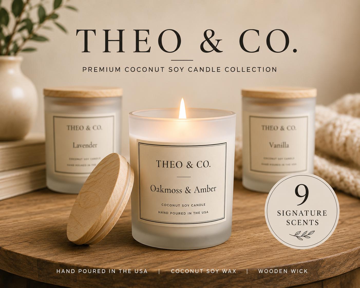 Three Theo & Co. coconut soy candles in frosted glass jars with wooden lids are arranged on a wooden surface.