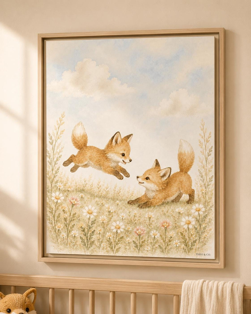 A framed art print depicting two playful foxes in a meadow of wildflowers under a cloudy sky, styled on a beige wall above a wooden crib.