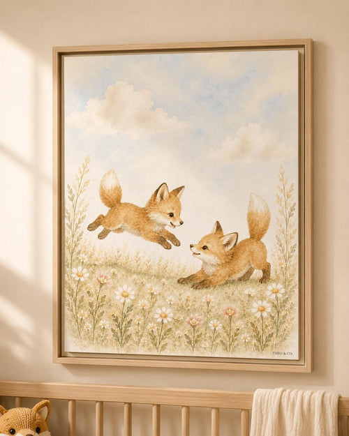 A framed art print depicting two playful foxes in a meadow of wildflowers under a cloudy sky, styled on a beige wall above a wooden crib.
