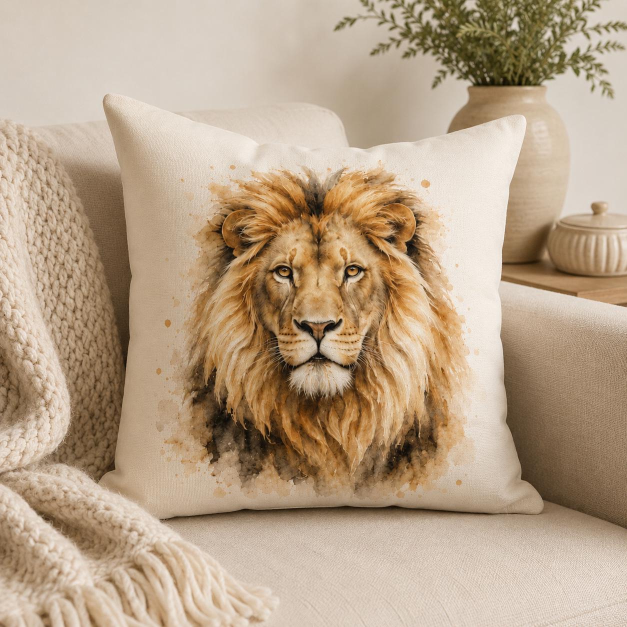 A square throw pillow featuring a watercolor-style lion face in warm brown, tan, and cream tones, resting on a beige sofa with a knitted cream blanket nearby.