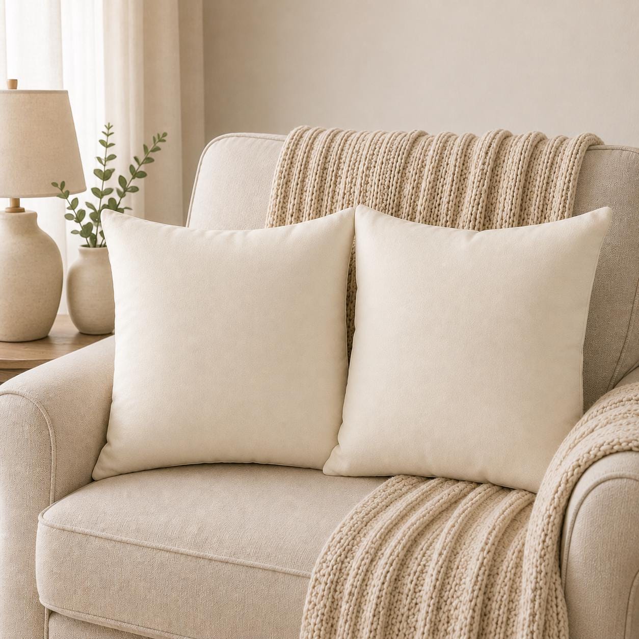 Two square cream throw pillows on a beige upholstered sofa with a chunky knit beige throw blanket draped over the chair in a softly lit living room.
