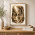 A framed art print depicting a biblical scene of Daniel praying with lions, styled on a wooden console table with a vase, bowls, and books in a warm, neutral room.