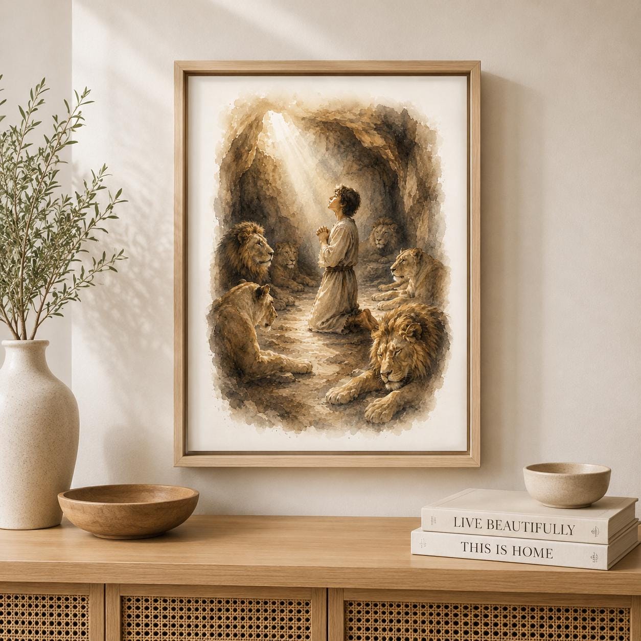 A framed art print depicting a biblical scene of Daniel praying with lions, styled on a wooden console table with a vase, bowls, and books in a warm, neutral room.