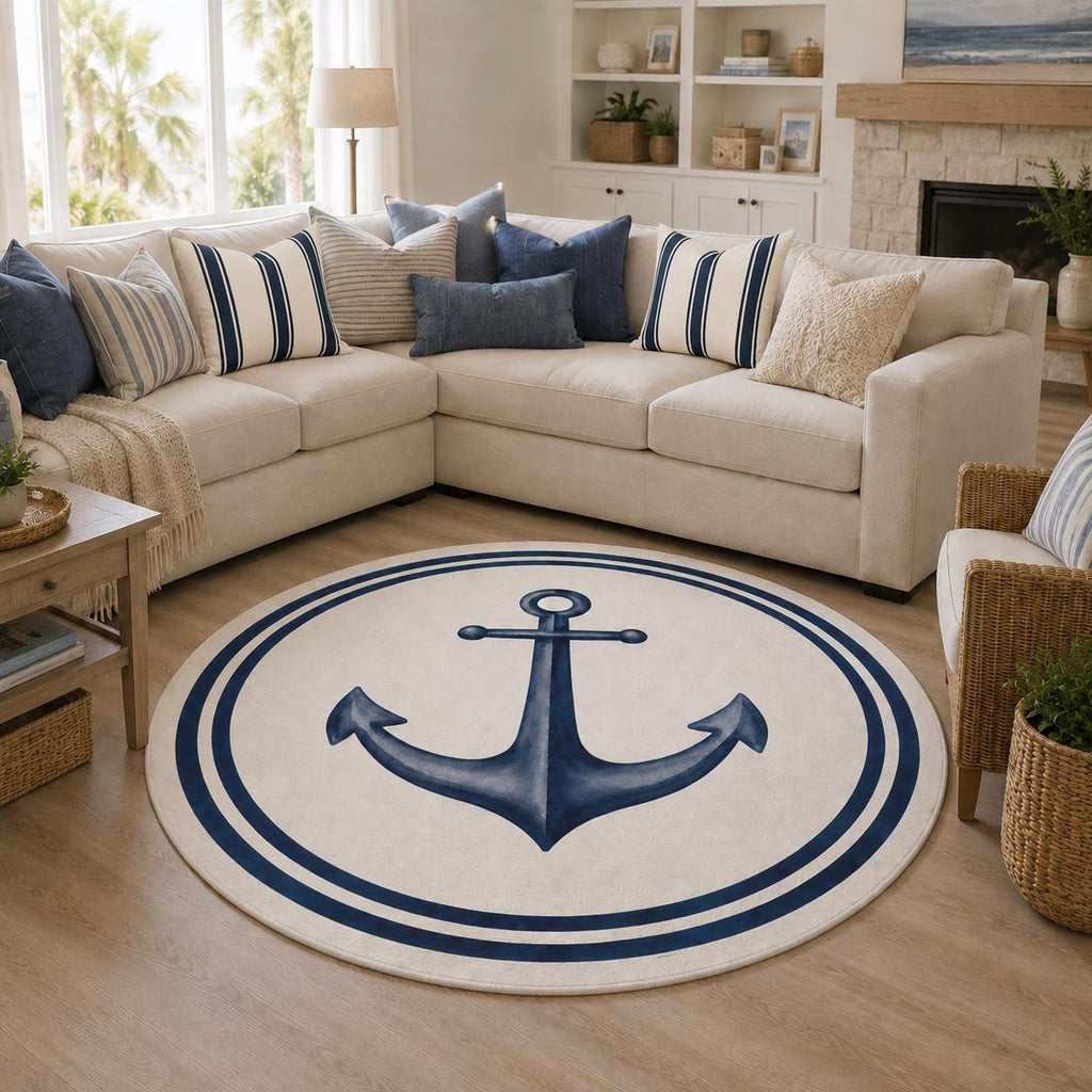 Blue Anchor Round Rug Coastal Nursery Nautical Ocean Playroom Watercolor Chenille Ivory