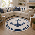 Blue Anchor Round Rug Coastal Nursery Nautical Ocean Playroom Watercolor Chenille Ivory