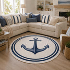 Blue Anchor Round Rug Coastal Nursery Nautical Ocean Playroom Watercolor Chenille Ivory
