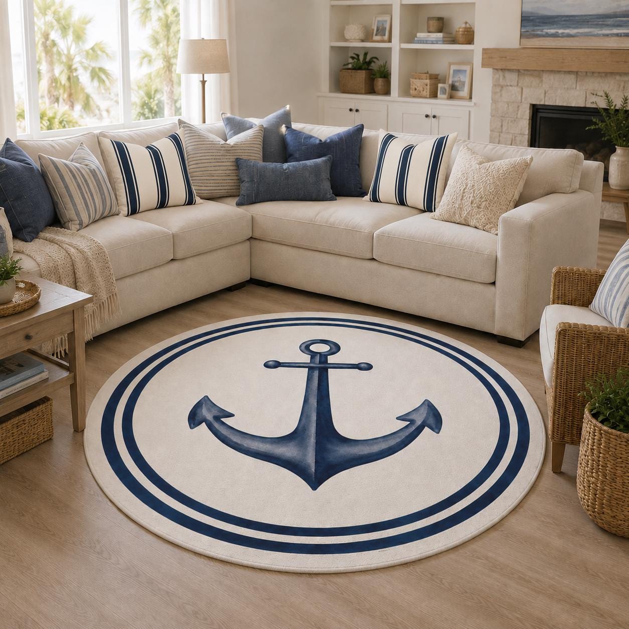 Blue Anchor Round Rug Coastal Nursery Nautical Ocean Playroom Watercolor Chenille Ivory