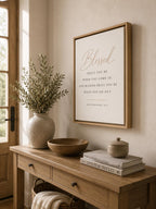 "Blessed" Deuteronomy 28:6 scripture art in a light oak floating frame