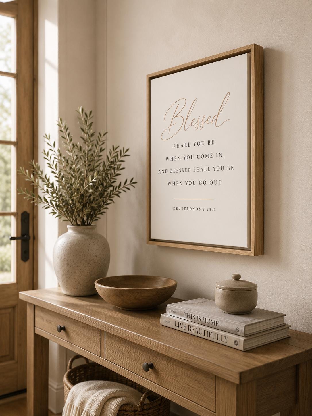 "Blessed" Deuteronomy 28:6 scripture art in a light oak floating frame