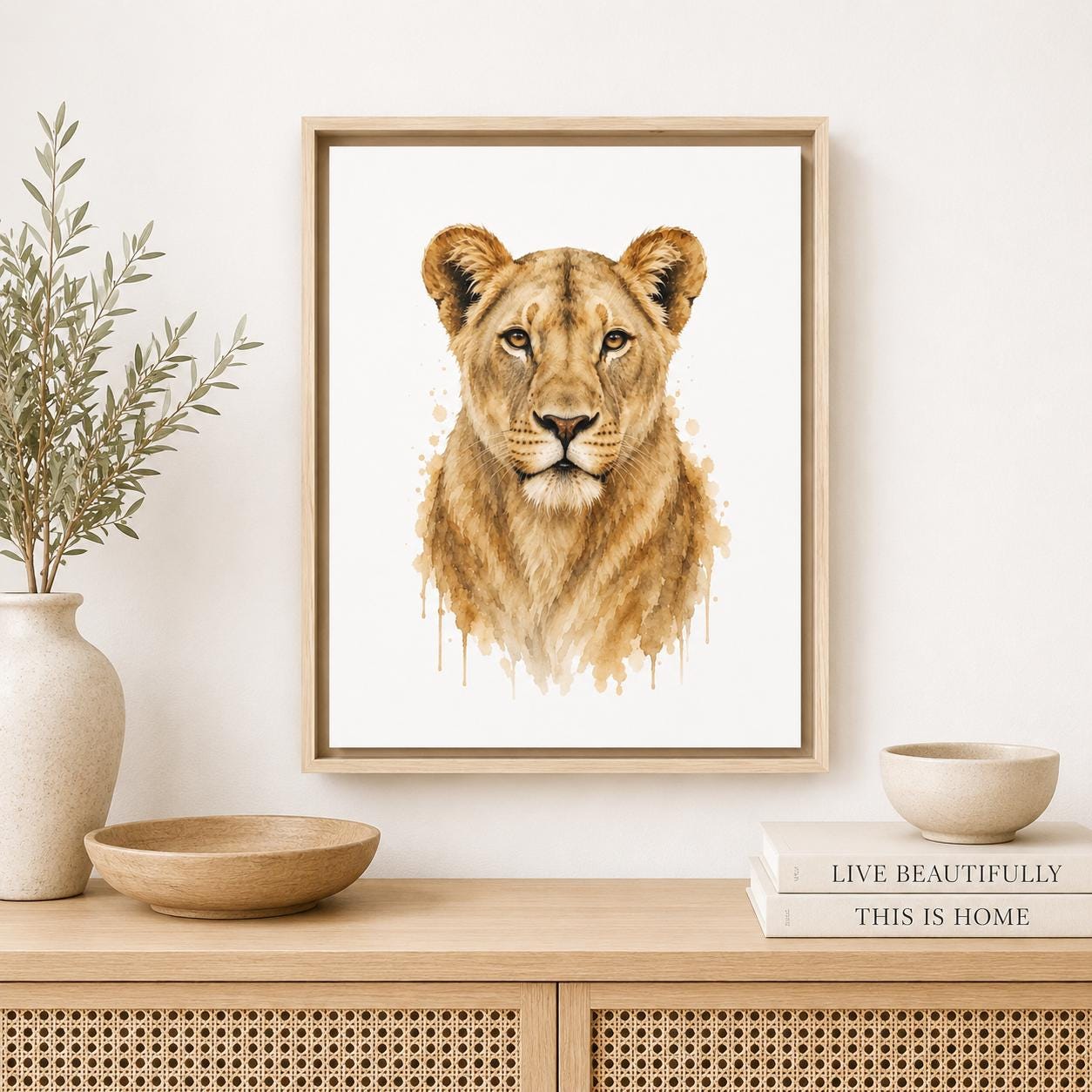 A framed watercolor art print of a lioness face, displayed on a light wood console table in a styled room setting with a vase, bowls, and books.