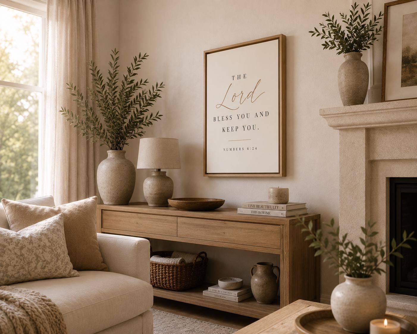 A framed wall art print with the text 'The Lord Bless You and Keep You' hangs above a wooden console table in a warm, styled living room with beige furniture, ceramic vases, and greenery.