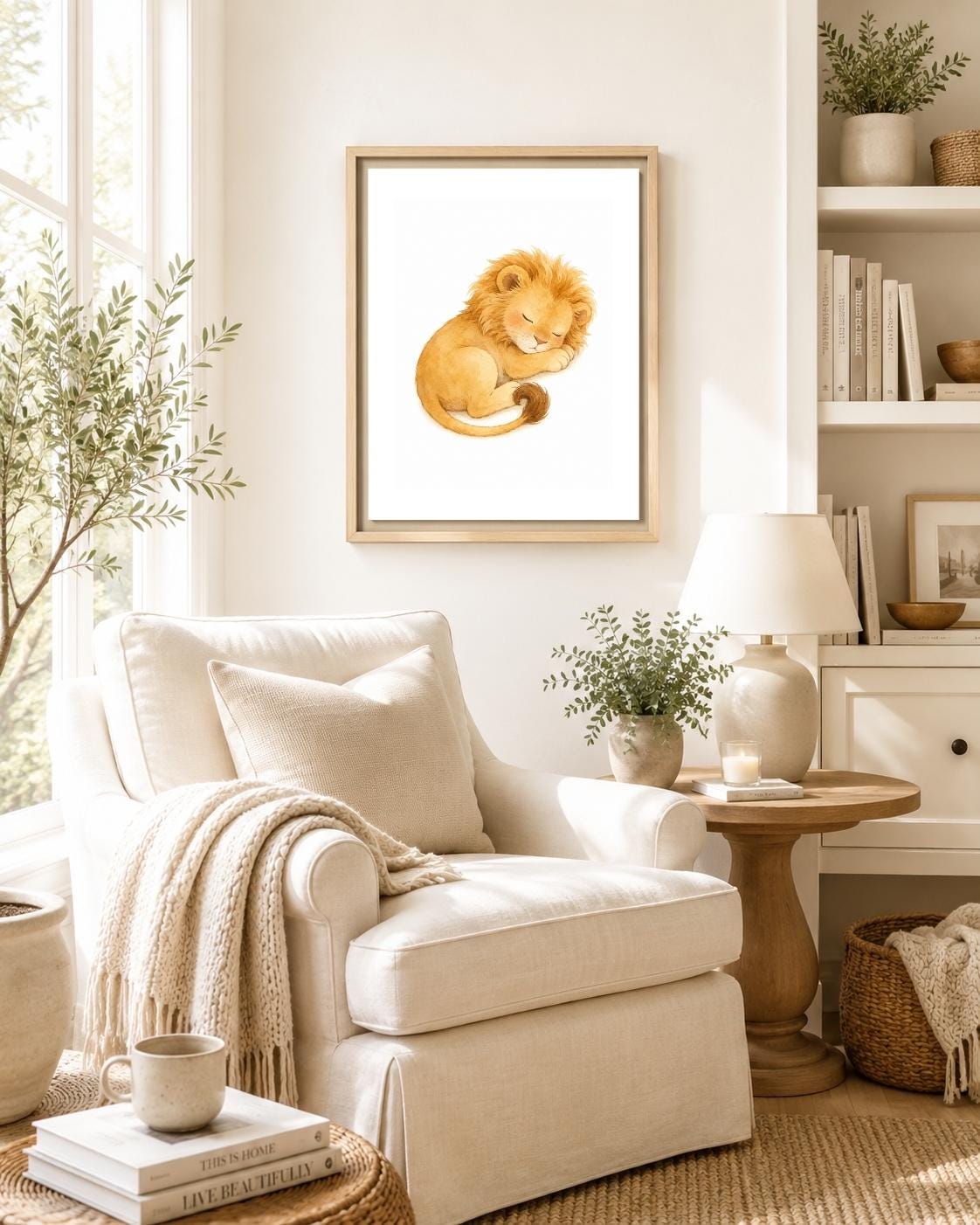 A framed watercolor art print of a sleeping lion cub hanging on a wall in a bright, modern living room with a cream armchair, side table, and lamp.