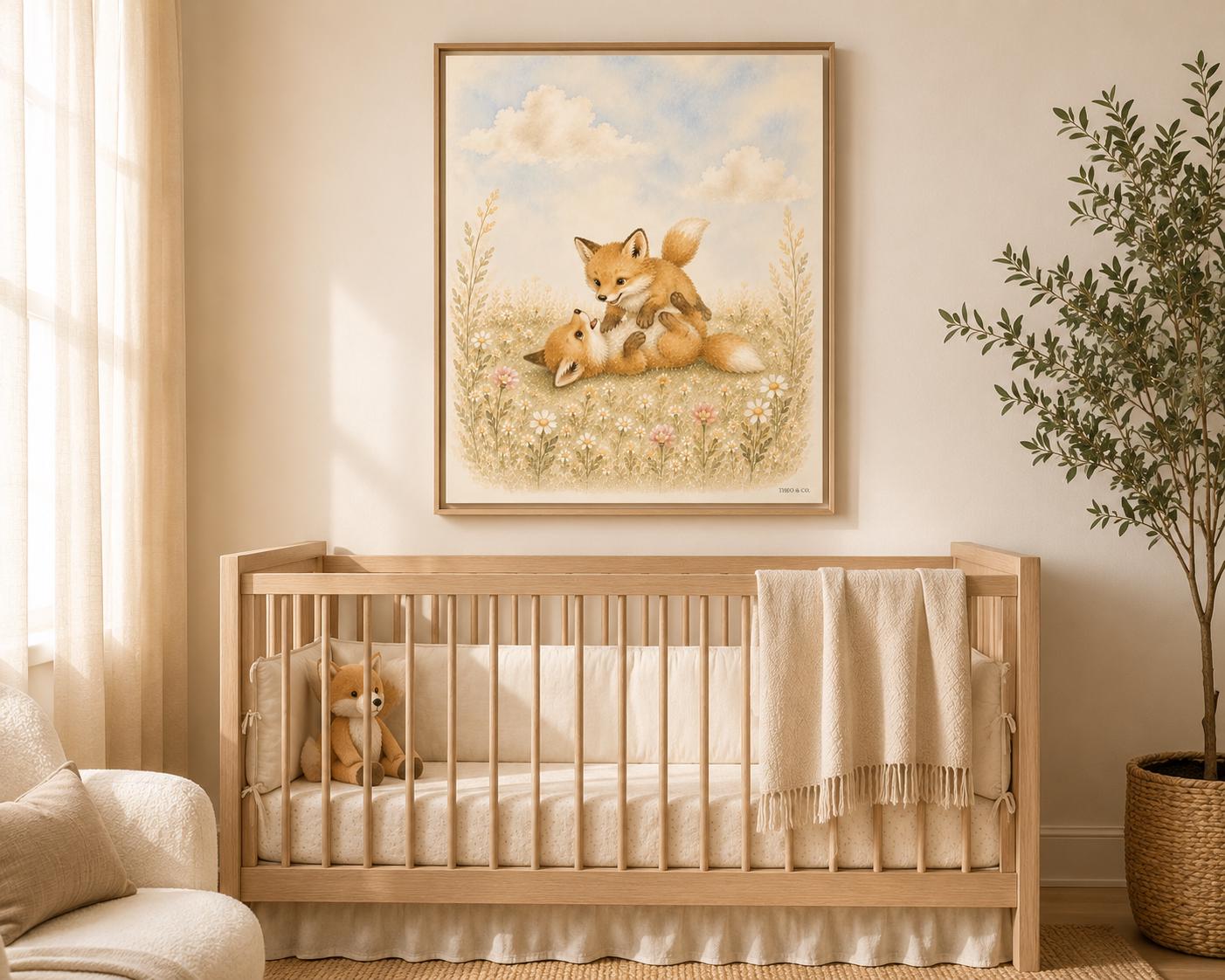Playful Baby Foxes Woodland Framed Canvas