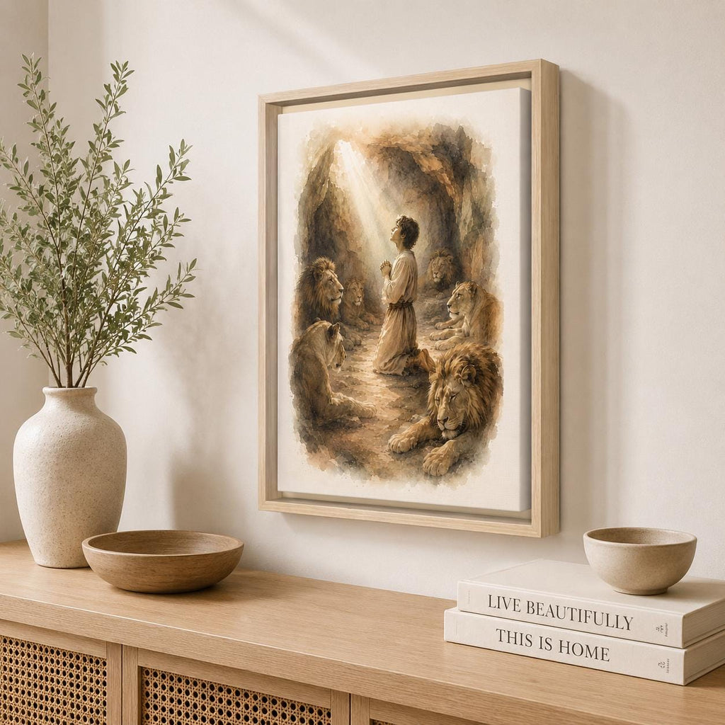 A framed art print depicting a man Daniel surrounded by lions in a warm, sepia-toned cave scene, displayed on a light wood console table in a styled room setting with a vase, bowls, and books.