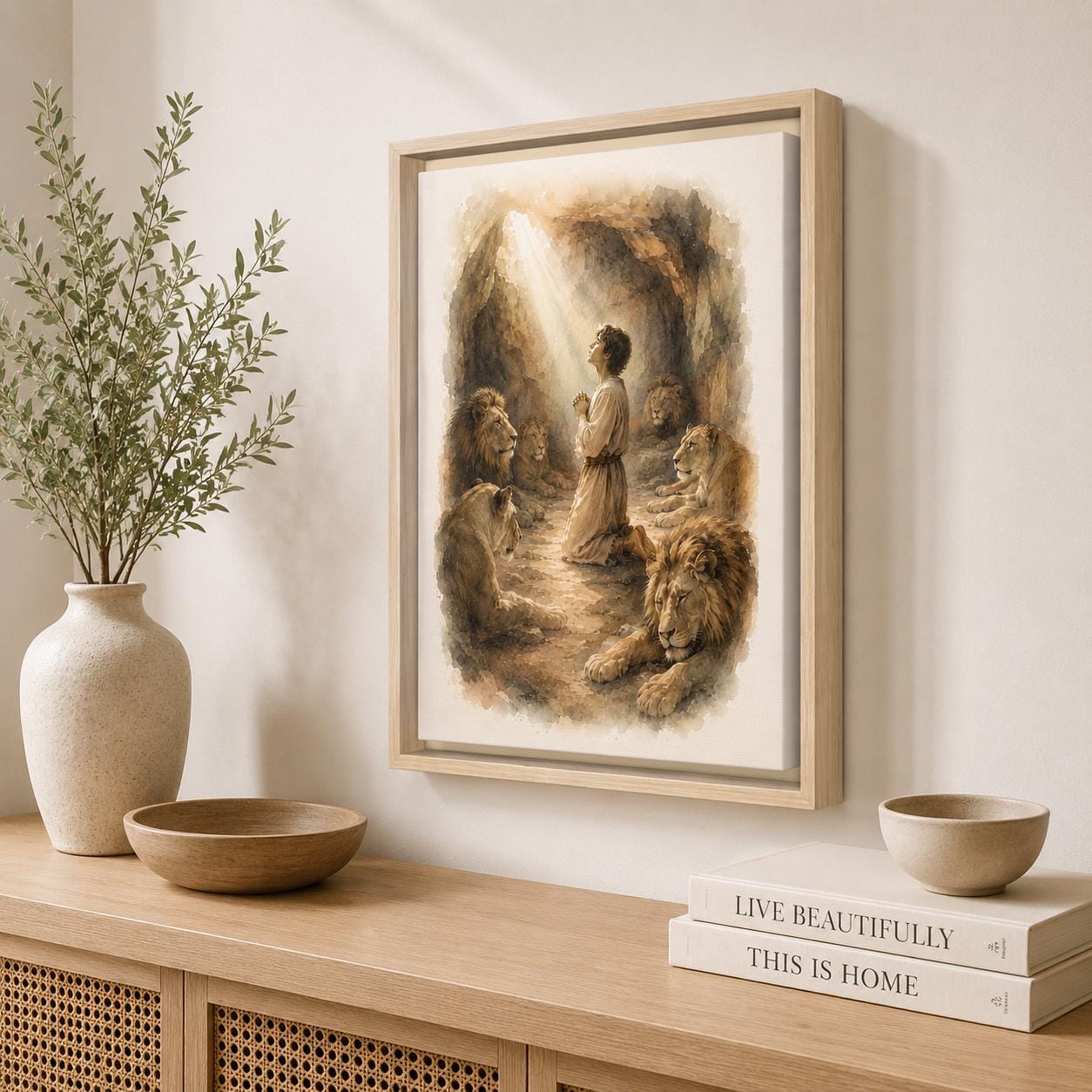 A framed art print depicting a man Daniel surrounded by lions in a warm, sepia-toned cave scene, displayed on a light wood console table in a styled room setting with a vase, bowls, and books.