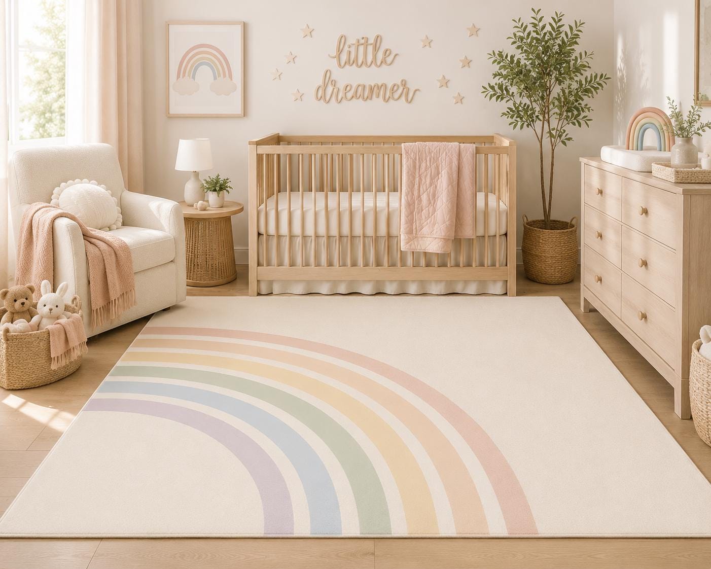 A large cream-colored baby room rug featuring a pastel rainbow arch, styled in a bright, modern nursery with a wooden crib, white armchair, and dresser.