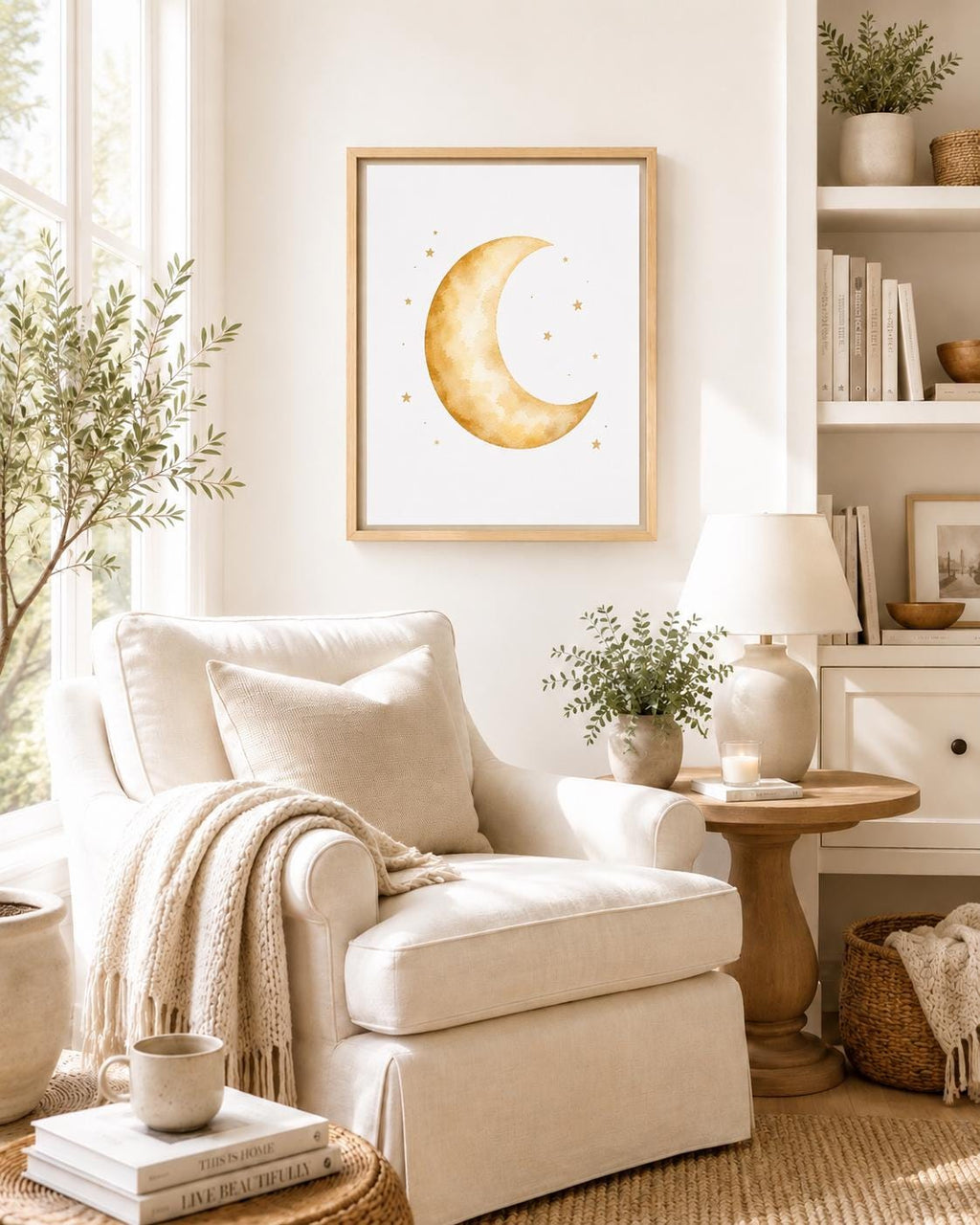 A framed art print featuring a gold watercolor crescent moon and small stars on a white background, styled in a warm, neutral-toned living room above a cream armchair.