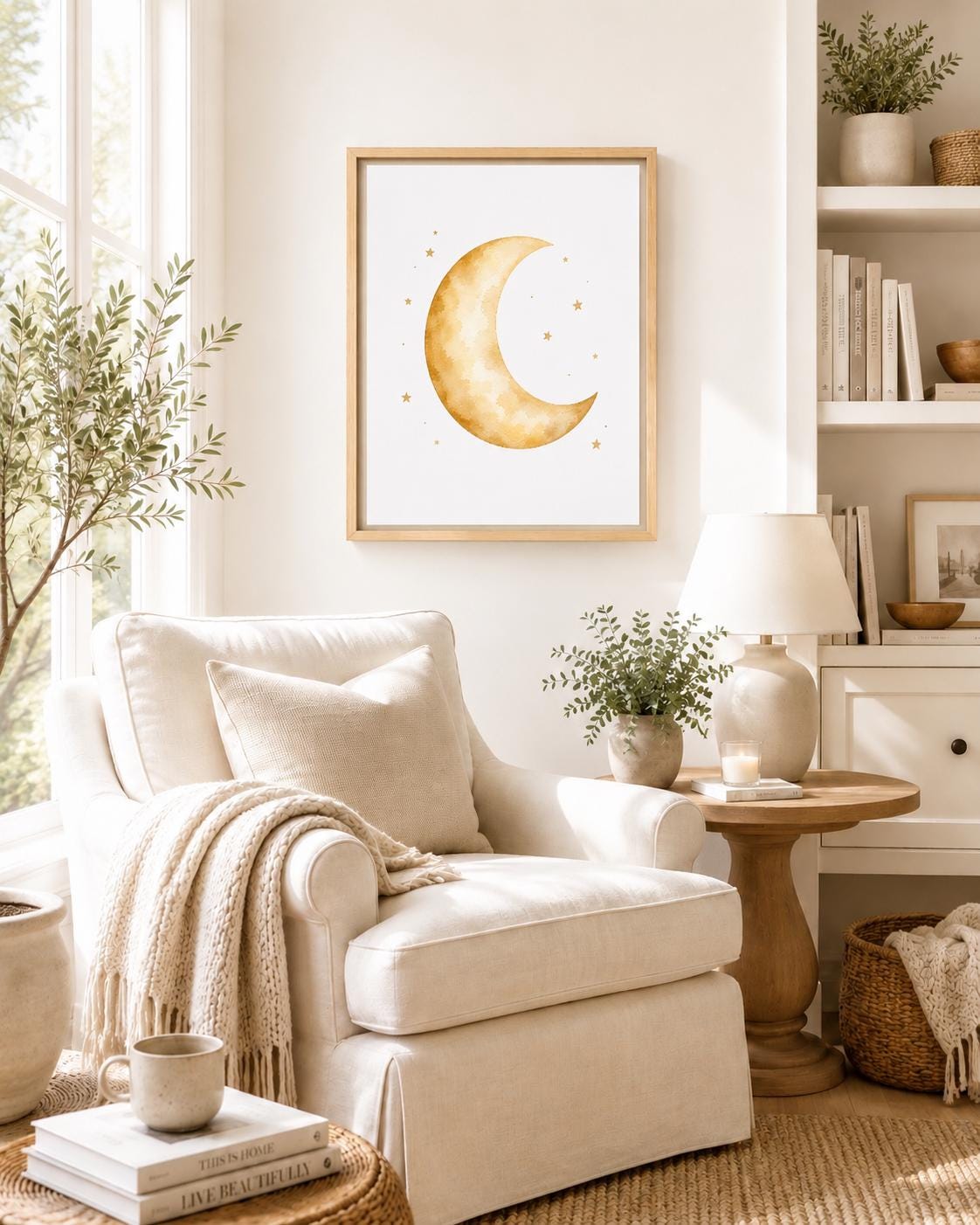 A framed art print featuring a gold watercolor crescent moon and small stars on a white background, styled in a warm, neutral-toned living room above a cream armchair.