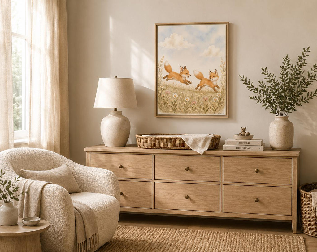 Running Baby Foxes Woodland Framed Canvas