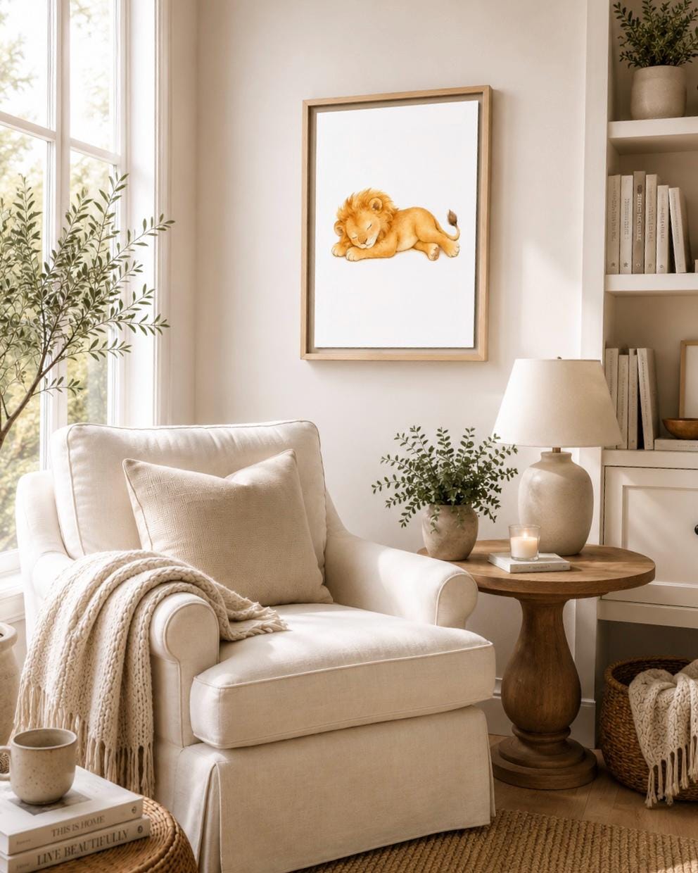 A framed art print of a sleeping lion hanging on a beige wall in a cozy, sunlit living room with a cream armchair, wooden side table, and lamp.