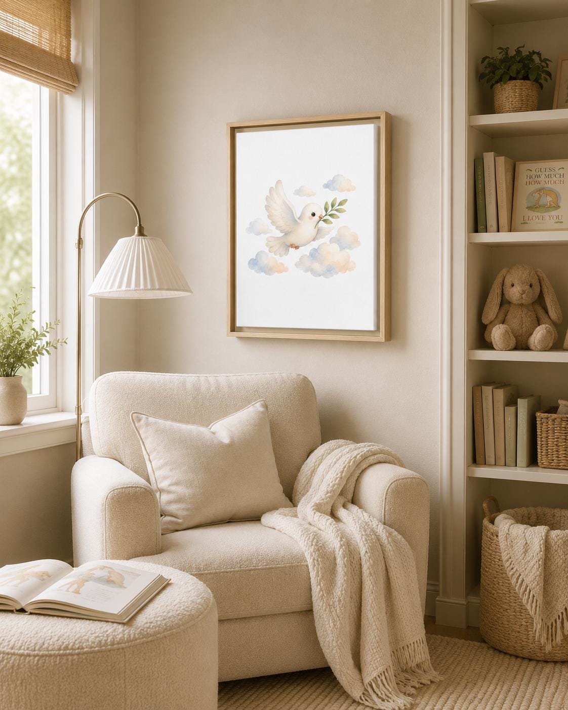 A framed art print featuring a white dove flying among soft clouds, hanging on a beige wall above a cream-colored armchair in a cozy, sunlit room.