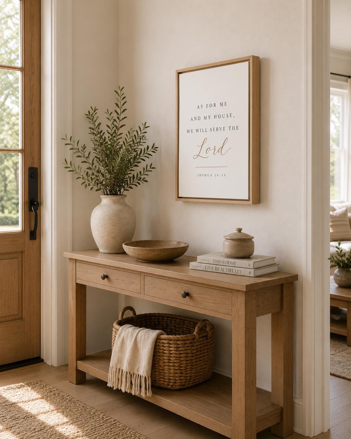 A framed wall art print with the Bible verse 'AS FOR ME AND MY HOUSE, WE WILL SERVE THE Lord' displayed in a light wood frame on a beige wall above a wooden console table in a bright, modern entryway.