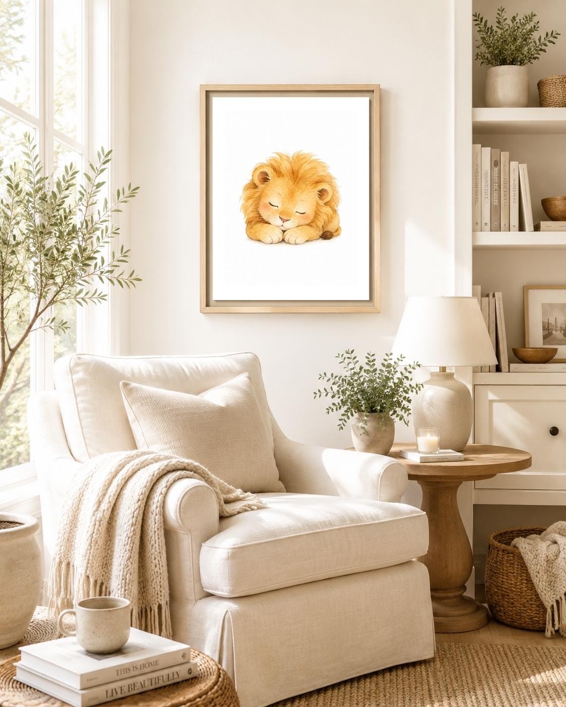 A framed watercolor art print of a sleeping golden lion hanging on a cream wall in a beautifully styled living room with a beige armchair, lamp, and books.