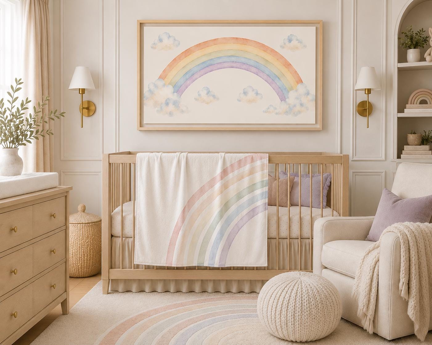 A framed pastel rainbow wall art print hangs above a wooden crib in a softly styled nursery. The artwork shows a soft rainbow arch over small clouds on a warm off-white background.