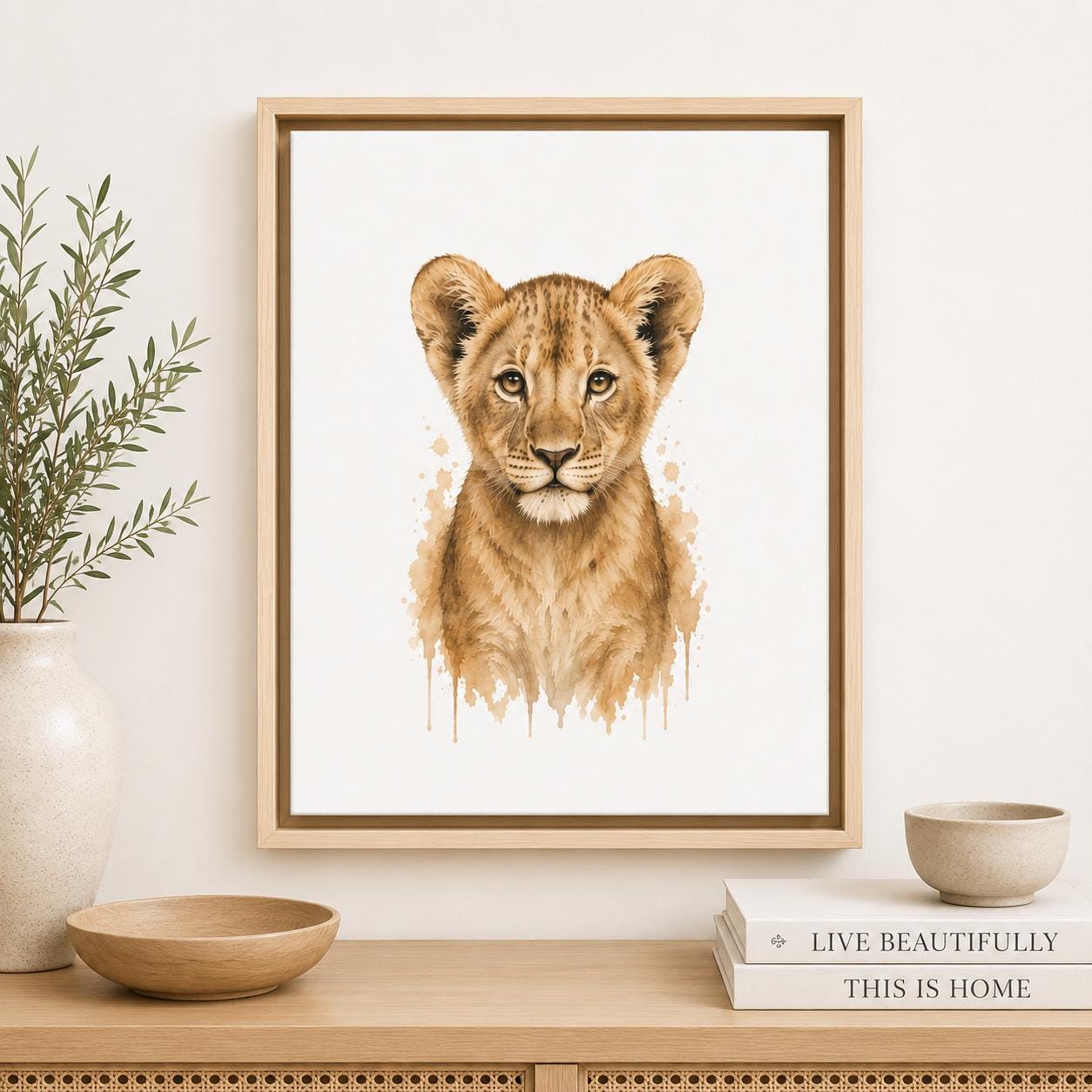 Framed watercolor art print of a lion cub centered on a light wall above a wooden console, with a vase, bowls, and stacked books in a styled interior setting.