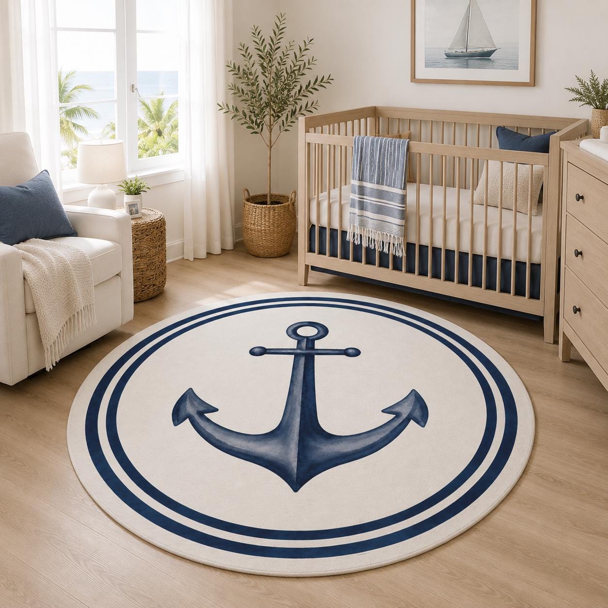 Blue Anchor Round Rug Coastal Nursery Nautical Ocean Playroom Watercolor Chenille Ivory