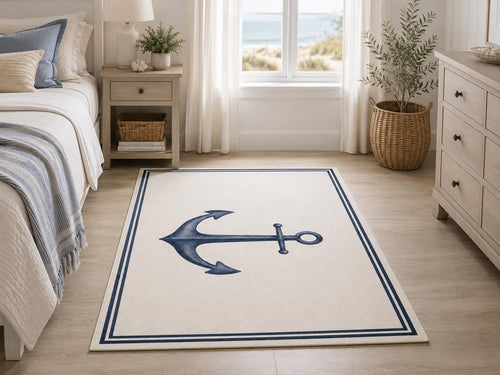Blue Anchor Area Rug Coastal Nursery Ocean Nautical Bedroom Watercolor Chenille Ivory Multiple Sizes