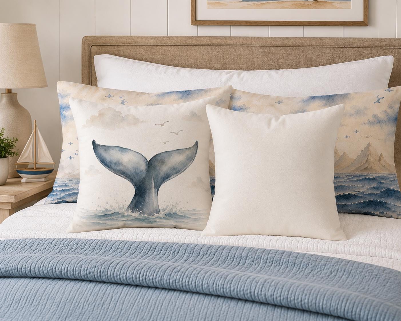 A styled bed with a beige upholstered headboard, white bedding, and decorative throw pillows. One pillow features a blue-gray whale tail design on a cream background, another is plain cream, and a third shows a blue ocean wave pattern.