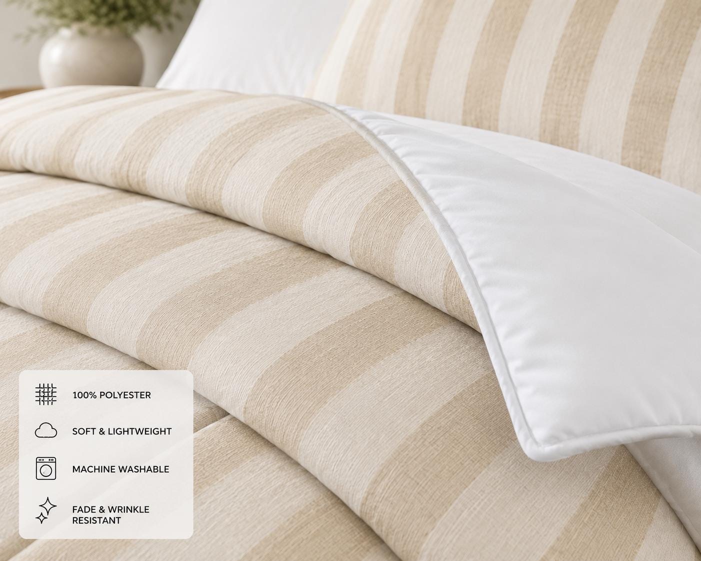 Beige and cream striped bedding set featuring a duvet cover and matching pillowcases, with a white pillow shown in the foreground. A white informational overlay in the bottom-left corner lists product features: 100% polyester, soft and lightweight, machine washable, and fade & wrinkle resistant.