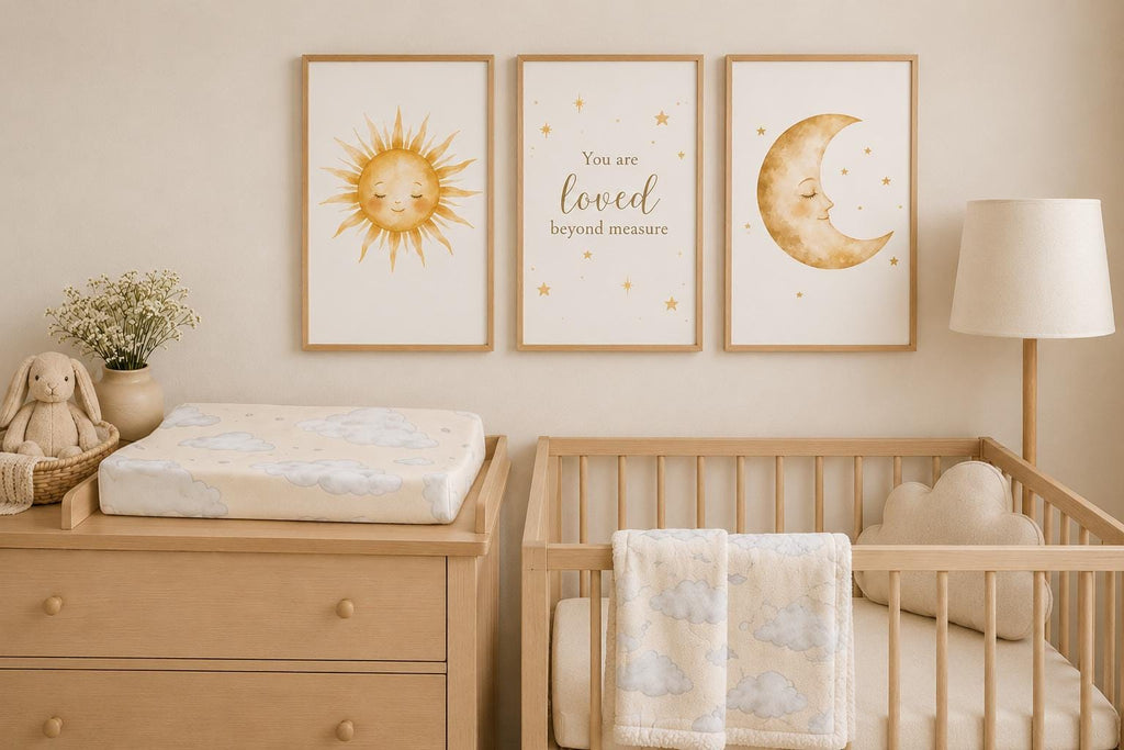 A styled nursery interior with three framed wall art prints above a crib and dresser: a yellow sun, a cream text print reading 'You are loved beyond measure,' and a gold crescent moon with stars. The room includes a wooden changing table, crib, lamp, bunny plush, and soft textiles.