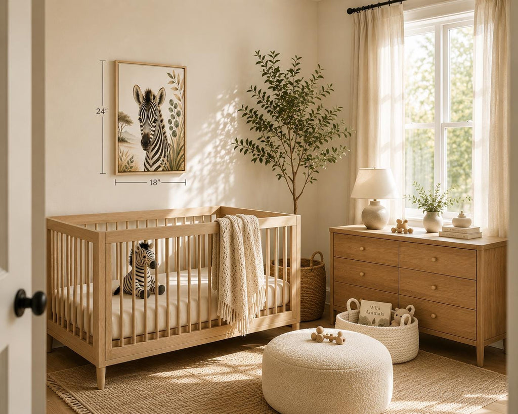 A styled nursery room scene showing a light wood crib with a zebra print animal toy inside, a framed zebra artwork on the wall with measurement lines, a wooden dresser, pouf, and window with sheer curtains.