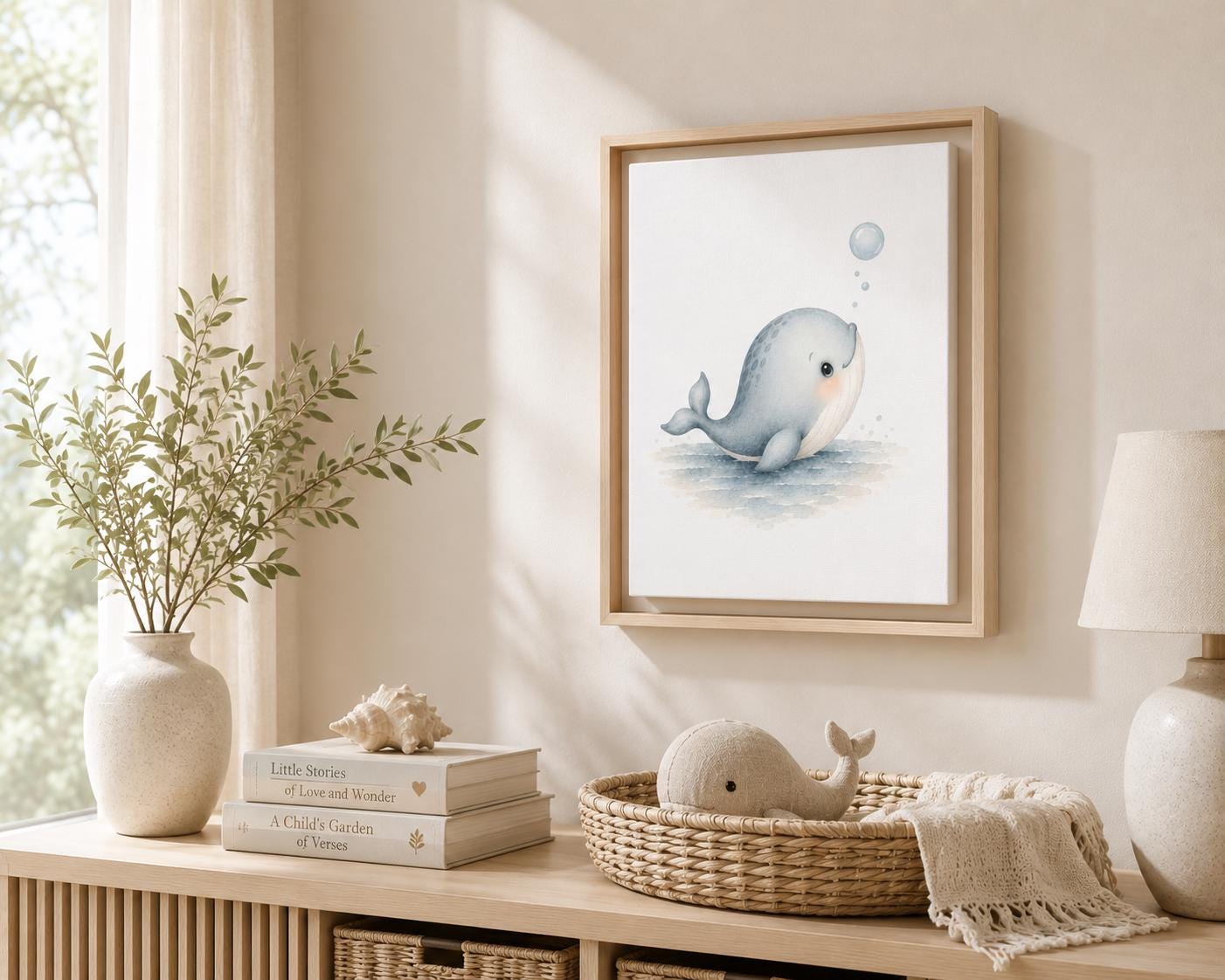 A framed whale art print hangs on a beige wall above a light wood console table styled with a vase of greenery, stacked books, a woven basket, and a lamp in a softly lit room.
