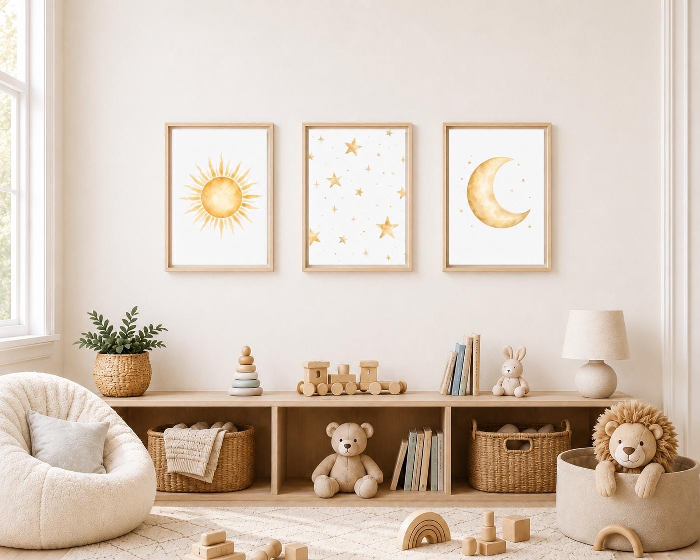 A styled children's room corner with three framed wall art prints above a low wooden shelf. The prints show a yellow sun, stars, and a crescent moon in soft watercolor style.