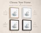 A product presentation graphic for a floating frame wall art set featuring a cute whale illustration. The image shows four framed versions of the print (in natural wood, white, espresso brown, and black frames) with descriptive text labels for each frame style on a warm beige background.